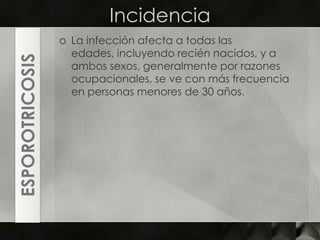 IncidenciaLa infección afecta a todas las edades, incluyendo recién nacidos, y a ambos sexos, generalmente por razones ocupacionales, se ve con más frecuencia en personas menores de 30 años.ESPOROTRICOSIS
