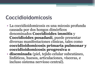 Coccidioidomicosis
• La coccidioidomicosis es una micosis profunda
  causada por dos hongos dimórficos
  denominados Coccidioides immitis y
  Coccidioides posadasii, puede presentar
  diversas manifestaciones clínicas, tales como
  coccidioidomicosis primaria pulmonar y
  coccidioidomicosis progresiva o
• diseminada (piel, tejido celular subcutáneo,
  linfáticos, huesos, articulaciones, vísceras, e
  incluso sistema nervioso central).
 