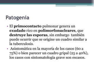 Patogenia
• El primocontacto pulmonar genera un
  exudado rico en polimorfonucleares, que
  destruye las esporas, sin embargo también
  puede ocurrir que se origine un cuadro similar a
  la tuberculosis.
• Asintomática en la mayoría de los casos (60 a
  75%) o bien parecer un cuadro gripal (25 a 40%),
  los casos con sintomatología grave son escasos.
 
