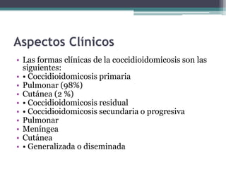 Aspectos Clínicos
• Las formas clínicas de la coccidioidomicosis son las
  siguientes:
• • Coccidioidomicosis primaria
• Pulmonar (98%)
• Cutánea (2 %)
• • Coccidioidomicosis residual
• • Coccidioidomicosis secundaria o progresiva
• Pulmonar
• Meníngea
• Cutánea
• • Generalizada o diseminada
 