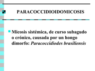 PARACOCCIDIOIDOMICOSIS 
Micosis sistémica, de curso subagudo 
o crónico, causada por un hongo 
dimorfo: Paracoccidiodes brasiliensis 
 