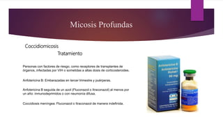 Micosis Profundas
Coccidiomicosis
Anfotericina B: Embarazadas en tercer trimestre y puérperas.
Personas con factores de riesgo, como receptores de transplantes de
órganos, infectadas por VIH o sometidas a altas dosis de corticosteroides.
Anfotericina B seguida de un azol (Fluconazol o Itraconazol) al menos por
un año: inmunodeprimidos o con neumonía difusa.
Coccidiosis meníngea: Fluconazol o Itraconazol de manera indefinida.
Tratamiento
 
