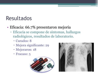 Resultados
• Eficacia: 66.7% presentaron mejoría
 ▫ Eficacia se compone de síntomas, hallazgos
   radiológicos, resultados de laboratorio.
      Curados: 8
      Mejora significante: 29
      Mejoraron: 18
      Fracaso: 5
 