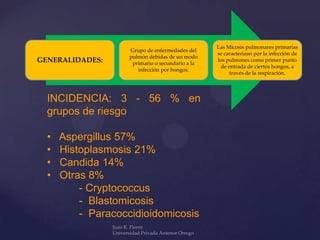 GENERALIDADES:

Grupo de enfermedades del
pulmón debidas de un modo
primario o secundario a la
infección por hongos.

INCIDENCIA: 3 - 56 % en
grupos de riesgo

•
•
•
•

Aspergillus 57%
Histoplasmosis 21%
Candida 14%
Otras 8%
- Cryptococcus
- Blastomicosis
- Paracoccidioidomicosis

Las Micosis pulmonares primarias
se caracterizan por la infección de
los pulmones como primer punto
de entrada de ciertos hongos, a
través de la respiración.

 