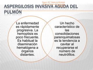 Rippon JW. Tratado de Micología
                      Médica, Hongos y Actinomicetos

ASPERGILOSIS INVASIVA AGUDA DEL            patógenos



PULMÓN

    La enfermedad                         Un hecho
    es rápidamente                    característico de
     progresiva. La                           las
     hemoptisis es                    consolidaciones
    poco frecuente.                   parenquimatosas
     Es habitual la                   es la tendencia a
     diseminación                         cavitar al
    hematógena a                       recuperarse el
        órganos                          número de
       distantes.                        neutrófilos.
 