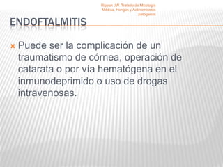 Rippon JW. Tratado de Micología
                     Médica, Hongos y Actinomicetos
                                          patógenos

ENDOFTALMITIS

   Puede ser la complicación de un
    traumatismo de córnea, operación de
    catarata o por vía hematógena en el
    inmunodeprimido o uso de drogas
    intravenosas.
 