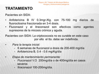 Rippon JW. Tratado de Micología Médica,
                              Hongos y Actinomicetos patógenos

TRATAMIENTO:
Pacientes sin SIDA:
• Anfotericina B IV 0.3mgr./Kg. con 75-100 mg diarios de
  fluorocitosina fraccionada en 3-4 dosis.
• Fluconazol y el itraconazol son efectivos como agentes
  supresores de la micosis crónica y aguda.
Pacientes con SIDA: La criptococosis no es curable en este caso
                     por ello el tto. debe ser indefinida.
•    Para la terapia inicial:
      - 6 semanas de fluconazol a dosis de 200-400 mg/día
      - Anfotericina B, 0.4 - 0.6 mg/Kg/día
•    Etapa de mantenimiento permanente:
      - Fluconazol V.O 200mg/día o de 400mg/día en casos
        severos
      - Itraconazol 100-200mg/día.
 