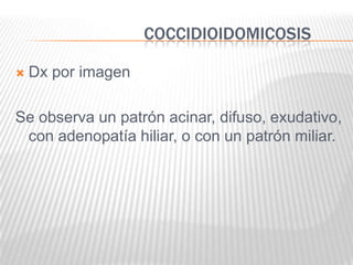 COCCIDIOIDOMICOSIS

   Dx por imagen

Se observa un patrón acinar, difuso, exudativo,
 con adenopatía hiliar, o con un patrón miliar.
 