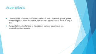 Aspergilosis
 La aspergilosis pulmonar constituye una de las infecciones más graves que se
pueden registrar en los hospitales, con una tasa de mortalidad entre el 50 y el
85%.
 Aunque la infección fúngica se ha asociado siempre a pacientes con
inmunodepresión marcada
 