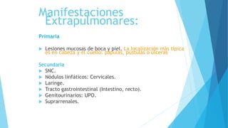 Manifestaciones
Extrapulmonares:
Primaria
 Lesiones mucosas de boca y piel. La localización más típica
es en cabeza y el cuello: pápulas, pústulas o úlceras
Secundaria
 SNC.
 Nódulos linfáticos: Cervicales.
 Laringe.
 Tracto gastrointestinal (Intestino, recto).
 Genitourinarios: UPO.
 Suprarrenales.
 