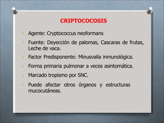 CRIPTOCOCOSIS
•
•
•
•
•
•
Agente: Cryptococcus neoformans
Fuente: Deyección de palomas, Cascaras de frutas,
Leche de vaca.
Factor Predisponente: Minusvalía inmunológica.
Forma primaria pulmonar a veces asintomática.
Marcado tropismo por SNC.
Puede afectar otros órganos y estructuras
mucocutáneas.
 