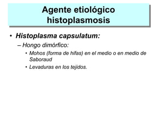 Agente etiológico
histoplasmosis
• Histoplasma capsulatum:
– Hongo dimórfico:
• Mohos (forma de hifas) en el medio o en medio de
Saboraud
• Levaduras en los tejidos.
 