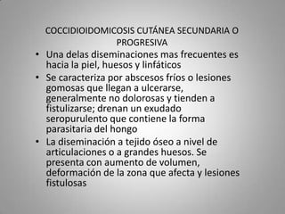 COCCIDIOIDOMICOSIS CUTÁNEA SECUNDARIA O
PROGRESIVA

• Una delas diseminaciones mas frecuentes es
hacia la piel, huesos y linfáticos
• Se caracteriza por abscesos fríos o lesiones
gomosas que llegan a ulcerarse,
generalmente no dolorosas y tienden a
fistulizarse; drenan un exudado
seropurulento que contiene la forma
parasitaria del hongo
• La diseminación a tejido óseo a nivel de
articulaciones o a grandes huesos. Se
presenta con aumento de volumen,
deformación de la zona que afecta y lesiones
fistulosas

 