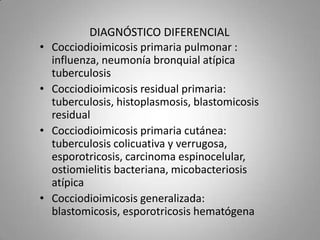 •
•

•

•

DIAGNÓSTICO DIFERENCIAL
Cocciodioimicosis primaria pulmonar :
influenza, neumonía bronquial atípica
tuberculosis
Cocciodioimicosis residual primaria:
tuberculosis, histoplasmosis, blastomicosis
residual
Cocciodioimicosis primaria cutánea:
tuberculosis colicuativa y verrugosa,
esporotricosis, carcinoma espinocelular,
ostiomielitis bacteriana, micobacteriosis
atípica
Cocciodioimicosis generalizada:
blastomicosis, esporotricosis hematógena

 