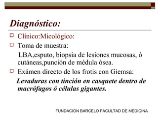 FUNDACION BARCELO FACULTAD DE MEDICINA
Diagnóstico:
 Clínico:Micológico:
 Toma de muestra:
LBA,esputo, biopsia de lesiones mucosas, ó
cutáneas,punción de médula ósea.
 Exámen directo de los frotis con Giemsa:
Levaduras con tinción en casquete dentro de
macrófagos ó células gigantes.
 