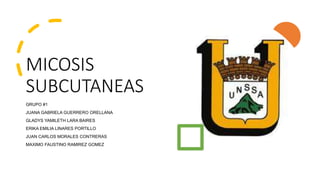 MICOSIS
SUBCUTANEAS
GRUPO #1
JUANA GABRIELA GUERRERO ORELLANA
GLADYS YAMILETH LARA BAIRES
ERIKA EMILIA LINARES PORTILLO
JUAN CARLOS MORALES CONTRERAS
MAXIMO FAUSTINO RAMIREZ GOMEZ
 