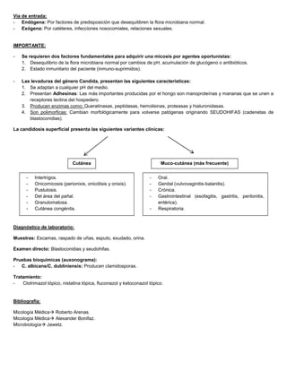 Vía de entrada:
- Endógena: Por factores de predisposición que desequilibren la flora microbiana normal.
- Exógena: Por catéteres, infecciones nosocomiales, relaciones sexuales.
IMPORTANTE:
- Se requieren dos factores fundamentales para adquirir una micosis por agentes oportunistas:
1. Desequilibrio de la flora microbiana normal por cambios de pH, acumulación de glucógeno o antibióticos.
2. Estado inmunitario del paciente (inmuno-suprimidos).
- Las levaduras del género Candida, presentan las siguientes características:
1. Se adaptan a cualquier pH del medio.
2. Presentan Adhesinas: Las más importantes producidas por el hongo son manoproteínas y mananas que se unen a
receptores lectina del hospedero.
3. Producen enzimas como: Queratinasas, peptidasas, hemolisinas, proteasas y hialuronidasas.
4. Son polimorficas: Cambian morfológicamente para volverse patógenas originando SEUDOHIFAS (cadenetas de
blastoconidias).
La candidosis superficial presenta las siguientes variantes clínicas:
Diagnóstico de laboratorio:
Muestras: Escamas, raspado de uñas, esputo, exudado, orina.
Examen directo: Blastoconidias y seudohifas.
Pruebas bioquímicas (auxonograma):
- C. albicans/C. dubliniensis: Producen clamidosporas.
Tratamiento:
- Clotrimazol tópico, nistatina tópica, fluconazol y ketoconazol tópico.
Bibliografía:
Micología Médica Roberto Arenas.
Micología Médica Alexander Bonifaz.
Microbiología Jawetz.
Cutánea Muco-cutánea (más frecuente)
- Intertrigos.
- Onicomicosis (perionixis, onicólisis y onixis).
- Pustulosis.
- Del área del pañal.
- Granulomatosa.
- Cutánea congénita.
- Oral.
- Genital (vulvovaginitis-balanitis).
- Crónica.
- Gastrointestinal (esofagitis, gastritis, peritonitis,
entérica).
- Respiratoria.
 