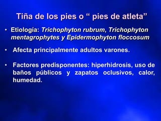 Tiña de los pies o “ pies de atleta”
• Etiología: Trichophyton rubrum, Trichophyton
mentagrophytes y Epidermophyton floccosum
 