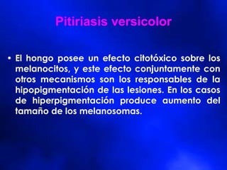 Pitiriasis versicolor
• El hongo posee un efecto citotóxico sobre los
melanocitos, y este efecto conjuntamente con
otros mecanismos son los responsables de la
hipopigmentación de las lesiones. En los casos
de hiperpigmentación produce aumento del
tamaño de los melanosomas.
 