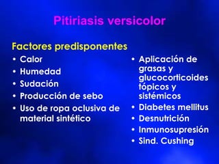Pitiriasis versicolor
Factores predisponentes
• Calor
• Humedad
• Sudación
• Producción de sebo
• Uso de ropa oclusiva de
material sintético
• Aplicación de
grasas y
glucocorticoides
tópicos y
sistémicos
• Diabetes mellitus
• Desnutrición
• Inmunosupresión
• Sind. Cushing
 