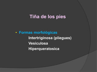 Tiña de los pies
• Formas morfológicas
Intertriginosa (pliegues)
Vesiculosa
Hiperqueratosica
 