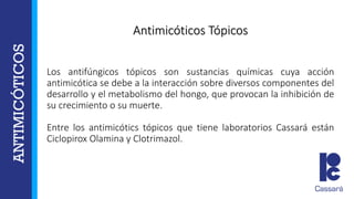 Antimicóticos Tópicos
Los antifúngicos tópicos son sustancias químicas cuya acción
antimicótica se debe a la interacción sobre diversos componentes del
desarrollo y el metabolismo del hongo, que provocan la inhibición de
su crecimiento o su muerte.
Entre los antimicótics tópicos que tiene laboratorios Cassará están
Ciclopirox Olamina y Clotrimazol.
 