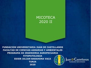 MICOTECA
2020 II
FUNDACION UNIVERSITARIA JUAN DE CASTELLANOS
FACULTAD DE CIENCIAS AGRARIAS Y AMBIENTALES
PROGRAMA DE INGENIERIA AGROPECUARIA
FITOPATOLOGIA
EDIER JULIAN BARAHONA VACA
TUNJA
2020
 