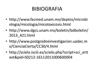 BIBIOGRAFIA
• http://www.facmed.unam.mx/deptos/microbi
ologia/micologia/micotoxicosis.html
• http://www.dgcs.unam.mx/boletin/bdboletin/
2013_421.html
• http://www.postgradoeinvestigacion.uadec.m
x/CienciaCierta/CC30/4.html
• http://scielo.isciii.es/scielo.php?script=sci_artt
ext&pid=S0212-16112011000600004
 