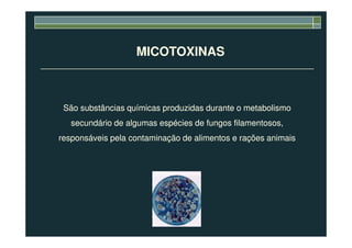 São substâncias químicas produzidas durante o metabolismoSão substâncias químicas produzidas durante o metabolismo
secundário de algumas espécies de fungos filamentosos,secundário de algumas espécies de fungos filamentosos,
MICOTOXINAS
secundário de algumas espécies de fungos filamentosos,secundário de algumas espécies de fungos filamentosos,
responsáveis pela contaminação de alimentos e rações animaisresponsáveis pela contaminação de alimentos e rações animais
 