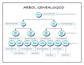 Miriam Castillo Portillo
Felisa López Muñoz
Antonio Castillo Torres
Josefa Rodríguez PérezLucio Portillo SánchezIgnacia Hernández IbarraElfego Castillo López
Hilaria Portillo RodríguezElfego Castillo Hernández
Marcos Rodríguez
Jovita Sánchez
Manuel Portillo Moreno
Natalia Ibarra
Juan Hernández Ocaña
Dolores Pérez
ARBOL GENEALOGICO
 
