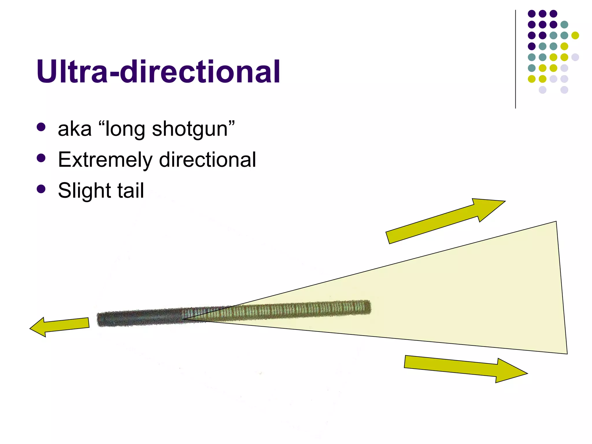 Ultra-directional aka “long shotgun”  Extremely directional Slight tail 