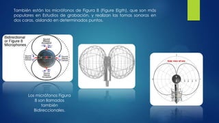 También están los micrófonos de Figura 8 (Figure Eigth), que son más
populares en Estudios de grabación, y realizan las tomas sonoras en
dos caras, aislando en determinados puntos.




      Los micrófonos Figura
         8 son llamados
             también
         Bidireccionales.
 