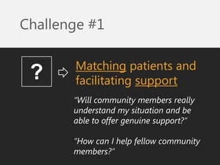 Matching patients and facilitating support 
Challenge #1 
“Will community members really understand my situation and be ab...