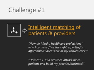 Challenge #1 
Intelligent matching of patients & providers 
“How do I find a healthcare professional who I can trust/has t...