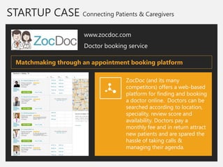 STARTUP CASE Connecting Patients & Caregivers 
www.zocdoc.com 
Doctor booking service 
ZocDoc (and its many competitors) o...