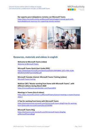 Lista de recursos online sobre el trabajo en equipo
y la comunicación y colaboración virtuales con Microsoft Teams
MICProd...