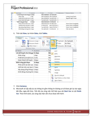 D O N G N G U Y E N & T E A M Page 132
6. Trên tab View, tại nhóm Data, click Tables.
7. Click Variance.
8. Microsoft sẽ sắp xếp lại các thông tin gồm thông tin đường cơ sở được ghi lại vào ngày
bắt đầu, ngày kết thúc. Tiến độ của công việc thể hiện qua cột Start Var và cột Finish
Var. Theo hình dưới, các công việc hiện vẫn chưa được tiến hành.
 