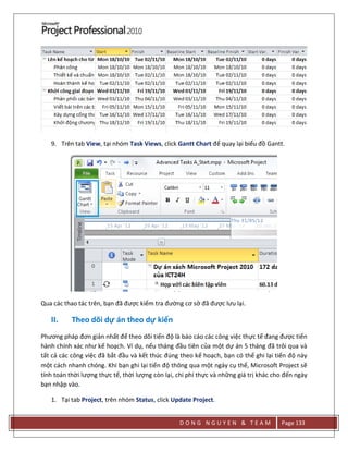 D O N G N G U Y E N & T E A M Page 133
9. Trên tab View, tại nhóm Task Views, click Gantt Chart để quay lại biểu đồ Gantt.
Qua các thao tác trên, bạn đã được kiểm tra đường cơ sở đã được lưu lại.
II. Theo dõi dự án theo dự kiến
Phương pháp đơn giản nhất để theo dõi tiến độ là báo cáo các công việc thực tế đang được tiến
hành chính xác như kế hoạch. Ví dụ, nếu tháng đầu tiên của một dự án 5 tháng đã trôi qua và
tất cả các công việc đã bắt đầu và kết thúc đúng theo kế hoạch, bạn có thể ghi lại tiến độ này
một cách nhanh chóng. Khi bạn ghi lại tiến độ thông qua một ngày cụ thể, Microsoft Project sẽ
tính toán thời lượng thực tế, thời lượng còn lại, chi phí thực và những giá trị khác cho đến ngày
bạn nhập vào.
1. Tại tab Project, trên nhóm Status, click Update Project.
 