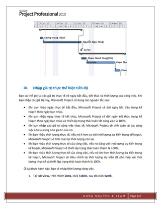 D O N G N G U Y E N & T E A M Page 137
IV. Nhập giá trị thực thể hiện tiến độ
Bạn có thể ghi lại các giá trị thực tế về ngày bắt đầu, kết thúc và thời lượng của công việc. Khi
bạn nhập các giá trị này, Microsoft Project sử dụng các nguyên tắc sau:
 Khi bạn nhập ngày thực tế bắt đầu, Microsoft Project sẽ dời ngày bắt đầu trong kế
hoạch theo ngày bạn nhập.
 Khi bạn nhập ngày thực tế kết thúc, Microsoft Project sẽ dời ngày kết thúc trong kế
hoạch theo ngày bạn nhập và thiết lập trạng thái hoàn tất công việc là 100%.
 Khi bạn nhập vào giá trị công việc thực tế, Microsoft Project sẽ tính toán lại các công
việc còn lại cũng như giá trị của nó.
 Khi bạn nhập thời lượng thực tế, nếu nó ít hơn so với thời lượng dự kiến trong kế hoạch,
Microsoft Project sẽ tính toán lại thời lượng còn lại.
 Khi bạn nhập thời lượng thực tế của công việc, nếu nó bằng với thời lượng dự kiến trong
kế hoạch, Microsoft Project sẽ thiết lập trạng thái hoàn thành là 100%.
 Khi bạn nhập thời lượng thực tế của công việc, nếu nó lớn hơn thời lượng dự kiến trong
kế hoạch, Microsoft Project sẽ điều chỉnh lại thời lượng dự kiến để phù hợp với thời
lượng thực tế và thiết lập trạng thái hoàn thành là 100%.
Ở bài thực hành này, bạn sẽ nhập thời lượng công việc.
1. Tại tab View, trên nhóm Data, click Tables, sau đó click Work.
 