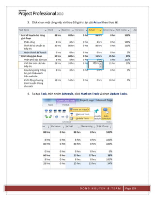 D O N G N G U Y E N & T E A M Page 139
3. Click chọn một công việc và thay đổi giá trị tại cột Actual theo thực tế.
4. Tại tab Task, trên nhóm Schedule, click Mark on Track và chọn Update Tasks.
 
