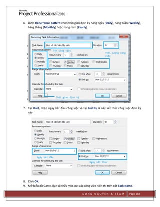 D O N G N G U Y E N & T E A M Page 168
6. Dưới Recurrence pattern chọn thời gian định kz hàng ngày (Daily), hàng tuần (Weekly),
hàng tháng (Monthly) hoặc hàng năm (Yearly).
7. Tại Start, nhập ngày bắt đầu công việc và tại End by là này kết thúc công việc định kz
này.
8. Click OK.
9. Mở biểu đồ Gantt. Bạn sẽ thấy một loạt các công việc hiển thị trên cột Task Name.
 