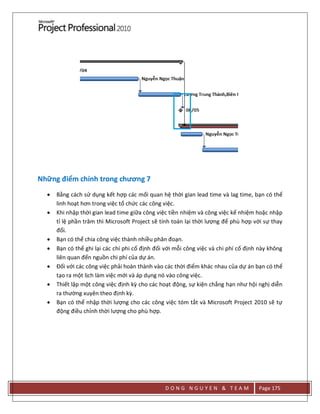 D O N G N G U Y E N & T E A M Page 175
Những điểm chính trong chương 7
 Bằng cách sử dụng kết hợp các mối quan hệ thời gian lead time và lag time, bạn có thể
linh hoạt hơn trong việc tổ chức các công việc.
 Khi nhập thời gian lead time giữa công việc tiền nhiệm và công việc kế nhiệm hoặc nhập
tỉ lệ phần trăm thì Microsoft Project sẽ tính toán lại thời lượng để phù hợp với sự thay
đổi.
 Bạn có thể chia công việc thành nhiều phân đoạn.
 Bạn có thể ghi lại các chí phi cố định đối với mỗi công việc và chi phí cố định này không
liên quan đến nguồn chi phí của dự án.
 Đối với các công việc phải hoàn thành vào các thời điểm khác nhau của dự án bạn có thể
tạo ra một lịch làm việc mới và áp dụng nó vào công việc.
 Thiết lập một công việc định kz cho các hoạt động, sự kiện chẳng hạn như hội nghị diễn
ra thường xuyên theo định kz.
 Bạn có thể nhập thời lượng cho các công việc tóm tắt và Microsoft Project 2010 sẽ tự
động điều chỉnh thời lượng cho phù hợp.
 