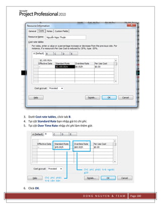 D O N G N G U Y E N & T E A M Page 180
3. Dưới Cost rate tables, click tab B.
4. Tại cột Standard Rate bạn nhập giá trị chi phí.
5. Tại cột Over Time Rate nhập chi phí làm thêm giờ.
6. Click OK.
 