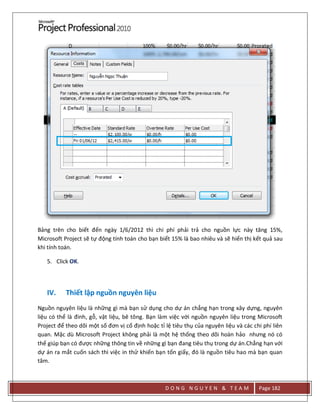 D O N G N G U Y E N & T E A M Page 182
Bảng trên cho biết đến ngày 1/6/2012 thì chi phí phải trả cho nguồn lực này tăng 15%,
Microsoft Project sẽ tự động tính toán cho bạn biết 15% là bao nhiêu và sẽ hiển thị kết quả sau
khi tính toán.
5. Click OK.
IV. Thiết lập nguồn nguyên liệu
Nguồn nguyên liệu là những gì mà bạn sử dụng cho dự án chẳng hạn trong xây dựng, nguyên
liệu có thể là đinh, gỗ, vật liệu, bê tông. Bạn làm việc với nguồn nguyên liệu trong Microsoft
Project để theo dõi một số đơn vị cố định hoặc tỉ lệ tiêu thụ của nguyên liệu và các chi phí liên
quan. Mặc dù Microsoft Project không phải là một hệ thống theo dõi hoàn hảo nhưng nó có
thể giúp bạn có được những thông tin về những gì bạn đang tiêu thụ trong dự án.Chẳng hạn với
dự án ra mắt cuốn sách thì việc in thử khiến bạn tốn giấy, đó là nguồn tiêu hao mà bạn quan
tâm.
 