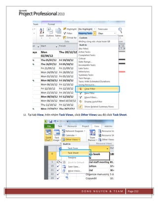 D O N G N G U Y E N & T E A M Page 212
12. Tại tab View, trên nhóm Task Views, click Other Views sau đó click Task Sheet.
 