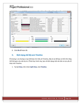 D O N G N G U Y E N & T E A M Page 226
9. Click Ok để hoàn tất.
II. Định dạng chế độ xem Timeline
Ở chương 1 và chương 5, bạn đã được tìm hiểu về Timeline, đây là nơi để bạn có thể nhìn tổng
thể thời gian của một dự án. Ở bài thực hành này, bạn sẽ định dạng một văn bản và các yếu tố
khác trên Timeline.
1. Tại tab View, trên nhóm Split View, click Timeline.
 