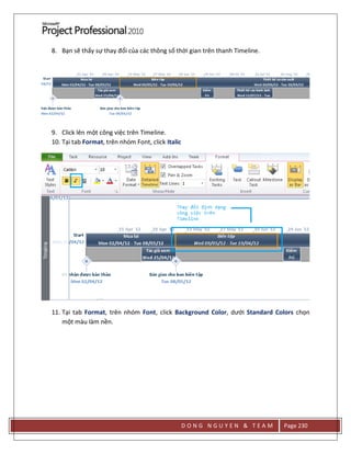 D O N G N G U Y E N & T E A M Page 230
8. Bạn sẽ thấy sự thay đổi của các thông số thời gian trên thanh Timeline.
9. Click lên một công việc trên Timeline.
10. Tại tab Format, trên nhóm Font, click Italic
11. Tại tab Format, trên nhóm Font, click Background Color, dưới Standard Colors chọn
một màu làm nền.
 
