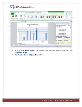 D O N G N G U Y E N & T E A M Page 263
6. Tại hộp thoại Visual Reports tên chương trình Microsoft Project 2010, click tab
Assignment Usage.
7. Click Baseline Report (US), sau đó click View.
 