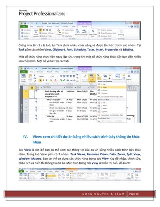D O N G N G U Y E N & T E A M Page 28
Giống như tất cả các tab, tại Task chứa nhiều chức năng và được tổ chức thành các nhóm. Tại
Task gồm các nhóm View, Clipboard, Font, Schedule, Tasks, Insert, Properties và Editting.
Một số chức năng thực hiện ngay lập tức, trong khi một số chức năng khác dẫn bạn đến nhiều
lựa chọn hơn. Một số ví dụ trên các tab.
IV. View: xem chi tiết dự án bằng nhiều cách trình bày thông tin khác
nhau
Tab View là nơi để bạn có thể xem các thông tin của dự án bằng nhiều cách trình bày khác
nhau. Trong tab View gồm có 7 nhóm: Task Views, Resource Views, Data, Zoom, Split View,
Window, Macros. Bạn có thể sử dụng các chức năng trong tab View này để nhập, chỉnh sửa,
phân tích và hiển thị thông tin dự án. Mặc định trong tab View sẽ hiển thị biểu đồ Gantt.
 