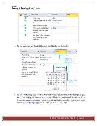 D O N G N G U Y E N & T E A M Page 43
4. Tại cột Start, bạn bắt đầu thiết lập thời gian bắt đầu cho công việc.
5. Tại cột Finish, nhập ngày kết thúc. Microsoft Project 2010 tính toán thời lượng là 7 ngày.
Lưu { rằng 7 ngày này gồm các ngày từ thứ 2 đến thứ 6 của tuần thứ nhất và thứ 2, thứ
3 của tuần sau đó. Microsoft Project 2010 cũng giúp bạn phân biệt những ngày không
làm việc (nonworking day) được thể hiện qua màu sắc khác biệt.
 